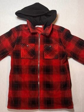 Sonoma Boys Plaid Warm Fleece Medium (10-12) Hooded Jacket Oversized